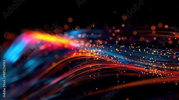 Fototapeta colorful optical fibres dinamic flying from deep on technology background. AI generated illustration