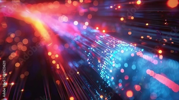 Obraz colorful optical fibres dinamic flying from deep on technology background. AI generated illustration