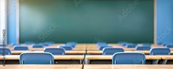 Fototapeta Several tables and chairs are arranged neatly in the classroom facing the front blackboard