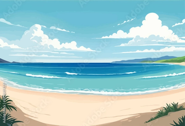 Fototapeta Serene Beach Scene with Blue Waves and White Clouds