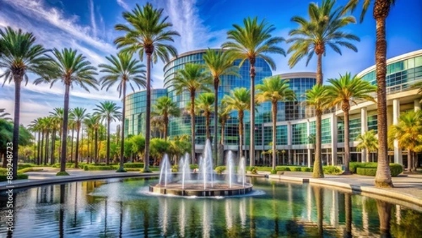 Fototapeta Majestic Anaheim Convention Center building surrounded by lush palm trees and serene fountain on a sunny California day.