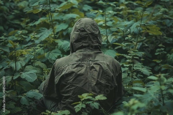 Fototapeta A person in a green hood with a painted green face is hiding in the tall green grass.