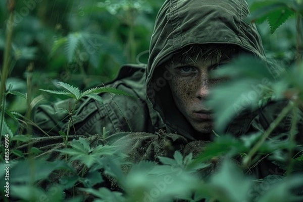 Fototapeta A person in a green hood with a painted green face is hiding in the tall green grass.