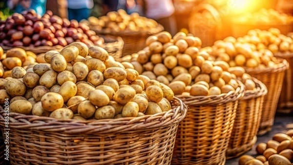 Obraz Freshly picked potatoes piled high in wicker baskets at morning market with soft blurred background and natural morning lighting.