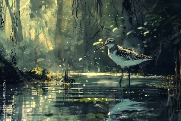 Fototapeta A brown bird with long legs walks through the swamp.