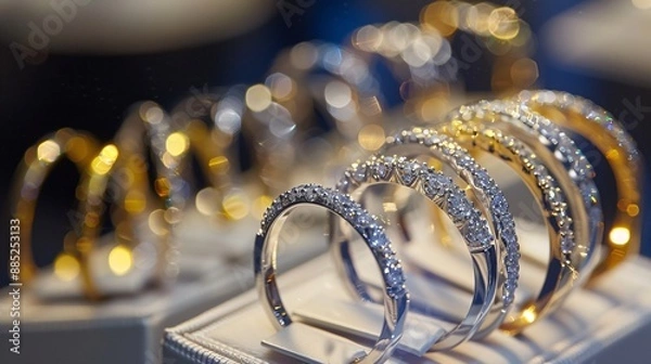 Fototapeta Elegant display of gold diamond rings in a high-end retail store with perfect lighting and a soft focus, bokeh background