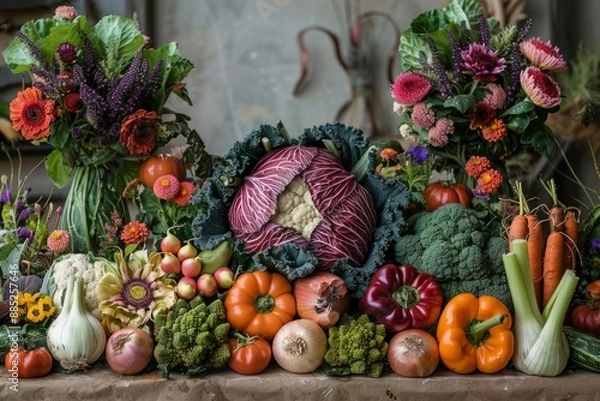 Fototapeta A beautiful colorful painting of fruits and vegetables, the richness of nature, a generous harvest.