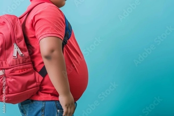 Obraz Overweight schoolboy with red backpack against blue background