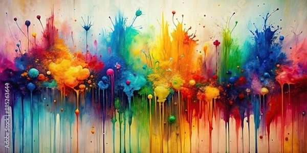 Fototapeta Abstract painting with vibrant, spontaneous drips and splatters capturing movement, abstract, painting, vibrant, colorful