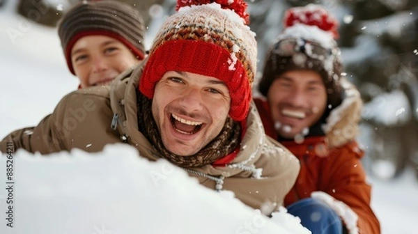 Fototapeta A group of men in winter clothing laugh and enjoy each other's company in the snow, representing friendship, camaraderie, and joy in the cold outdoors while bonding.