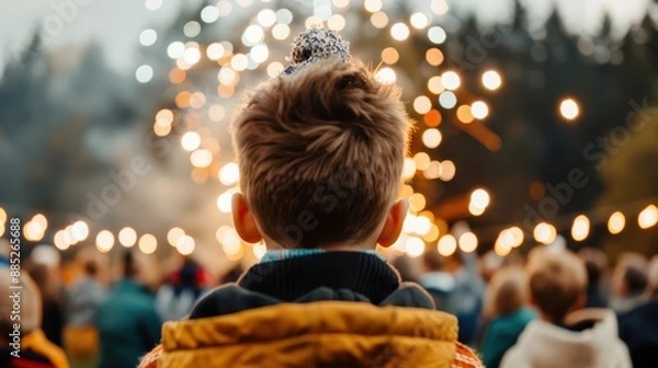 Fototapeta A young boy stands facing away, watching a display of glowing lights and festive decorations at an outdoor event, creating a captivating scene of joy and wonder.