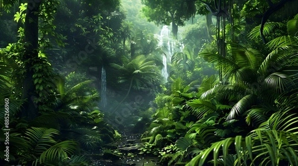Obraz A tropical forest with dense greenery tall trees