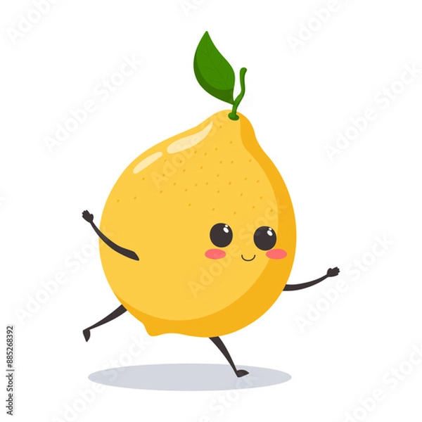Obraz Vector illustration kawaii lemon runs. A cute character with a smiling face.