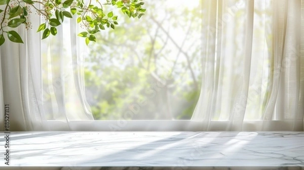 Fototapeta Sunlight streams through white curtains onto a marble windowsill