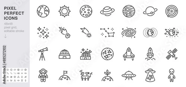 Fototapeta Astronomy line icon set. Space planet, Earth, moon, sun, galaxy, rocket astronaut, alien minimal vector illustrations. Simple outline signs for cosmos science. 48x48 Pixel Perfect. Editable Stroke