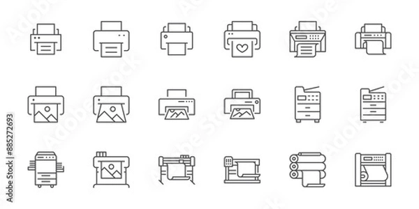 Fototapeta Printer line icon set. Large format printing, plotter, scanner, cutting machine minimal vector illustrations. Simple outline signs for printshop. Editable Stroke