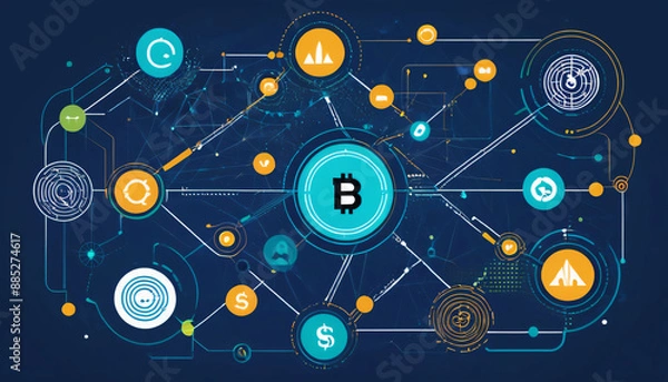 Fototapeta Abstract design featuring elements like smart contracts, decentralized applications (dApps), and liquidity pools. Illustrates the decentralized nature of financial services using blockchain technology