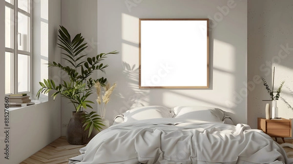 Fototapeta Frame Mockup, bedroom with empty poster mock up and plants, modern room blank painting on wall scandinavian and minimalist