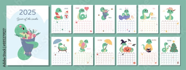 Obraz Calendar 2025 with a cute snake, symbol of the year. Cover and 12 month pages with seasonal vector cute illustrations. The week starts on Sunday, vertical pages,A4 format.