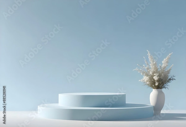 Fototapeta The product displays a round-shaped two-layer podium with a vase on the light blue background