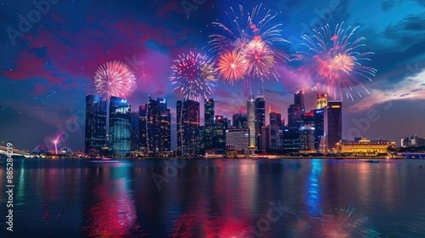 Fototapeta Fireworks over a city skyline