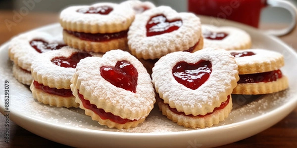 Fototapeta Heart-shaped jam Cookies with on a White Plate
