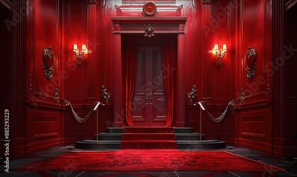 Fototapeta a red room with a red carpet and yellow lights on