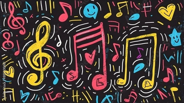 Fototapeta Lively Musical Symbols and Colorful Notes on Vibrant Dark Background