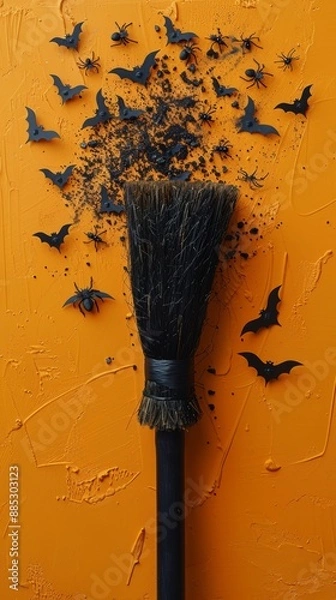 Obraz A black broomstick with small black spiders and bats coming out from the tip of the broomstick. Halloween theme on an orange bright background.