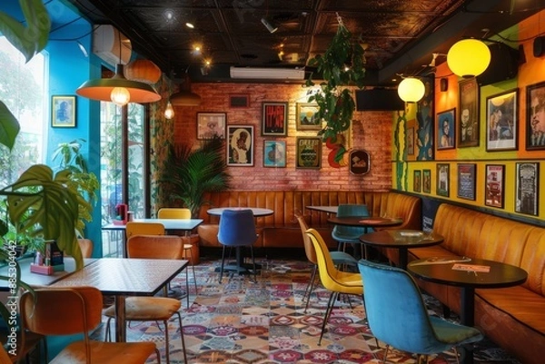 Fototapeta Cozy and colorful cafe retro vintage interior featuring diverse seating arrangements and vibrant wall art. Generated AI