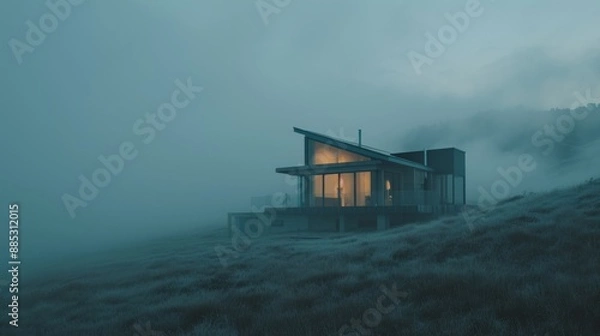 Obraz A cinematic view of a minimalistic house on a foggy morning  AI genrated illustration