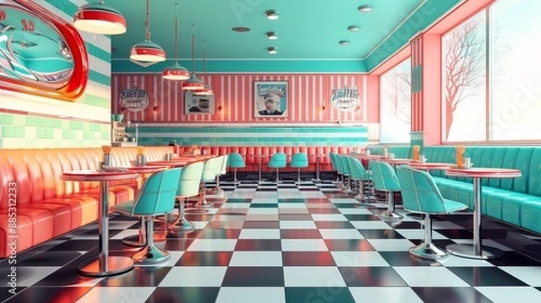 Fototapeta A classic s American diner in vibrant colors  AI genrated illustration