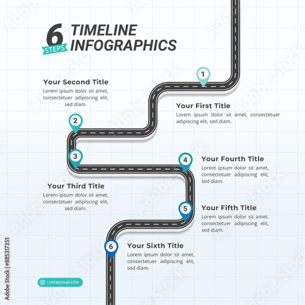 Fototapeta 6 Steps Road Timeline Infographics with Editable Text on a 1:1 ratio layout for Presentation, Booklet, and Social Media Feeds.