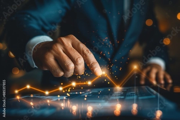 Fototapeta Startup business and investment concept. Businessman is touching the growing business graph
