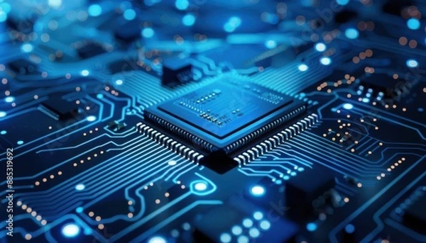 Fototapeta Microchip data patterns, blue digital circuits, hightech design, glowing background