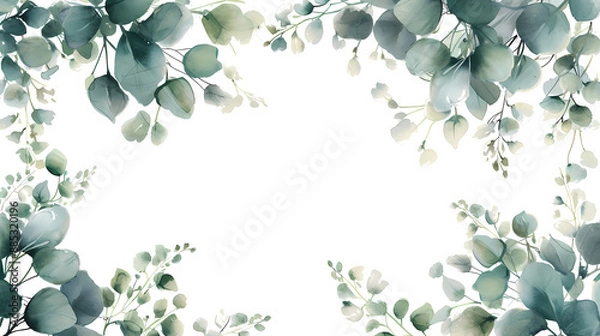 Obraz illustration of a natural watercolor background with green eucalyptus branches, in the style of floral, dark white and light aquamarine, decorative borders