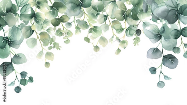 Obraz illustration of a natural watercolor background with green eucalyptus branches, in the style of floral, dark white and light aquamarine, decorative borders