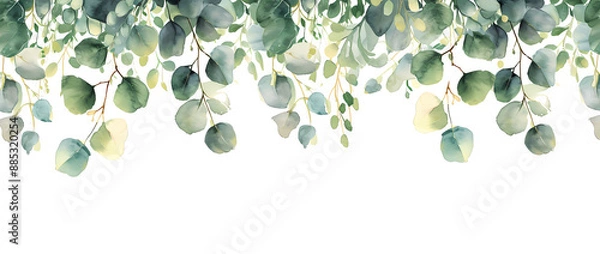 Obraz illustration of a natural watercolor background with green eucalyptus branches, in the style of floral, dark white and light aquamarine, decorative borders
