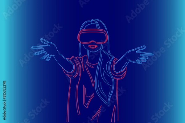Obraz Line glowing girl with VR headset and long hair holds out hands to viewer, inviting to metaverse and virtual reality. Hologram wants to embrace person