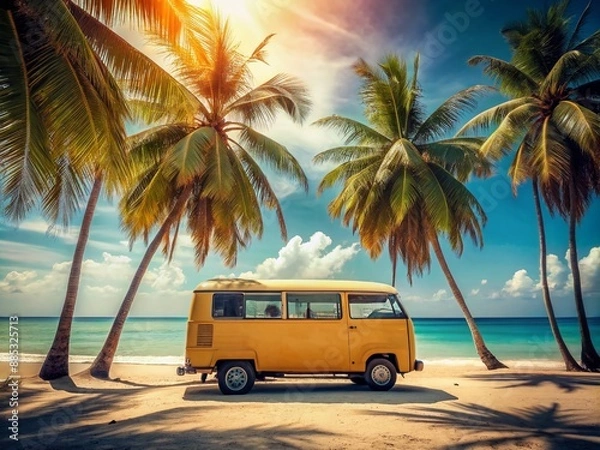Obraz Vibrant yellow van parked on a sun-kissed tropical beach, surrounded by swaying palm trees, calm turquoise ocean, and warm summer sunlight, evoking carefree paradise.