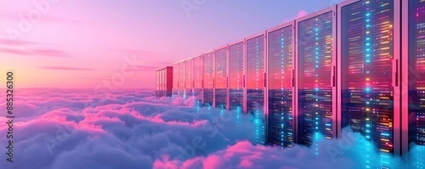 Fototapeta  illustration of a data server room above a sea of ​​clouds with an evening sky in the background