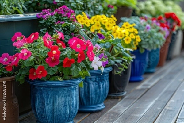 Fototapeta Flower containers in a patio garden, Idea for container gardening and flower arrangements.