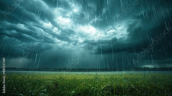 Fototapeta A dramatic and clear photo of a stormy sky with dark clouds and heavy rain pouring down over a landscape