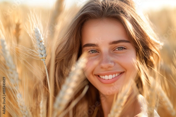 Fototapeta Calm happy smiling woman enjoys a beautiful moment life on the fields at sunset.	