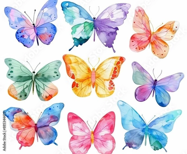 Fototapeta Isolated watercolor elements. Collection of watercolor hand drawn cute butterflies.