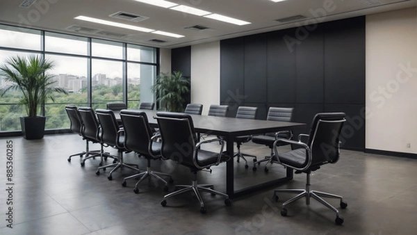 Fototapeta Nobody in the modern and elegant empty company office interior with black chairs and mat black metal table sitting on a shiny gray floor with tropical plants, seminar conference meeting boardroom