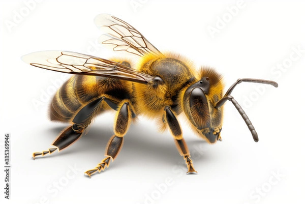 Fototapeta A flying honey bee on a white background cutout. Macro side close-up view. macro.