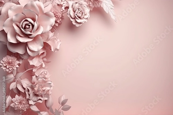 Fototapeta Beautiful festive frame background with paper pink floral design and copy space for text. 