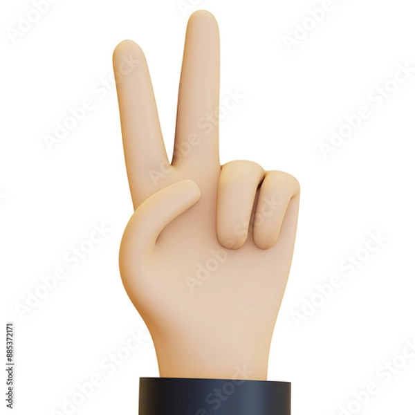 Fototapeta A hand making a number two gesture, with the index and middle fingers extended. 3D render illustration in cartoon style. Transparent background, isolation.