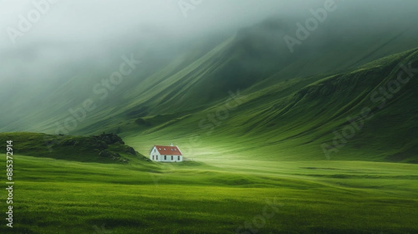 Fototapeta Lonely small house on a green hill Generative Ai